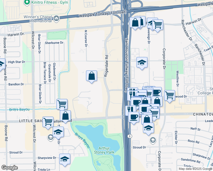 map of restaurants, bars, coffee shops, grocery stores, and more near 6380 Rogerdale Rd in Houston