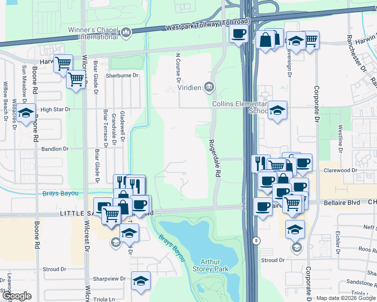 map of restaurants, bars, coffee shops, grocery stores, and more near 6380 Rogerdale Road in Houston