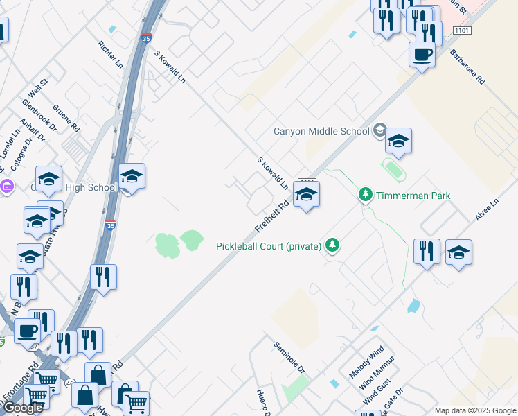 map of restaurants, bars, coffee shops, grocery stores, and more near 1747 Farm to Market Road 1101 in New Braunfels