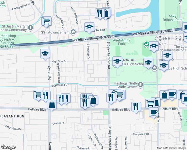 map of restaurants, bars, coffee shops, grocery stores, and more near 6415 Sunlit Orchard Drive in Houston