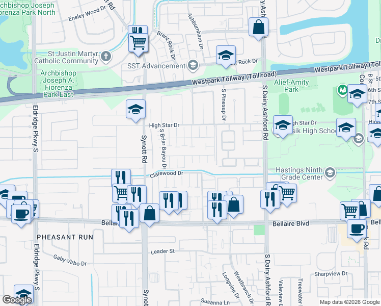 map of restaurants, bars, coffee shops, grocery stores, and more near 6435 South Briar Bayou Drive in Houston