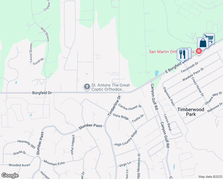 map of restaurants, bars, coffee shops, grocery stores, and more near 27641 Timberline Drive in San Antonio