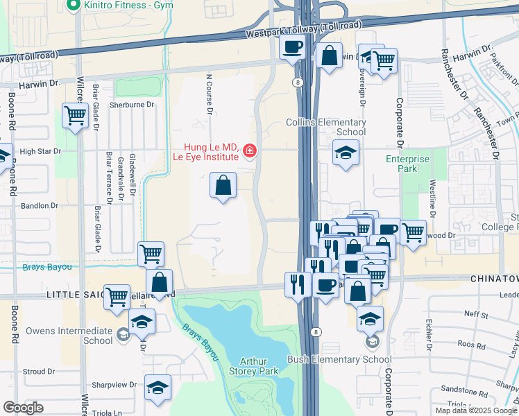 map of restaurants, bars, coffee shops, grocery stores, and more near 6006 Rogerdale Road in Houston