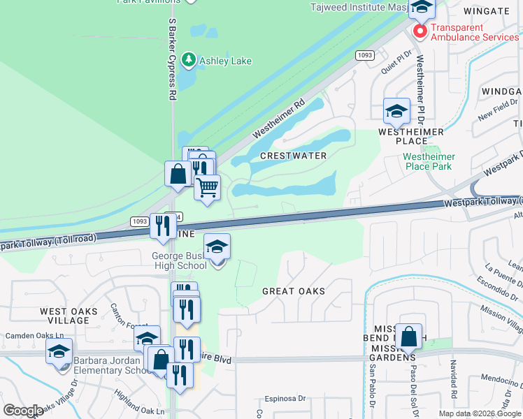 map of restaurants, bars, coffee shops, grocery stores, and more near 4 Crest Gate in Houston