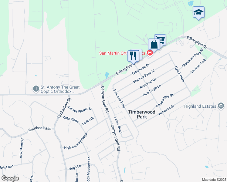 map of restaurants, bars, coffee shops, grocery stores, and more near 28067 Papoose Pass in San Antonio