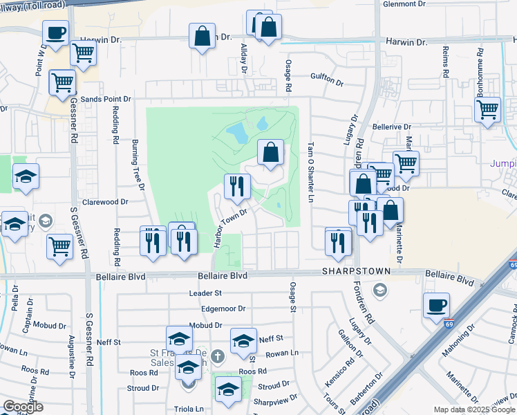 map of restaurants, bars, coffee shops, grocery stores, and more near 6555 Harbor Town Drive in Houston