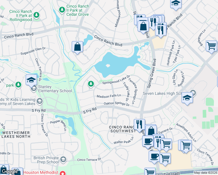 map of restaurants, bars, coffee shops, grocery stores, and more near 25403 Springwood Lake Drive in Katy