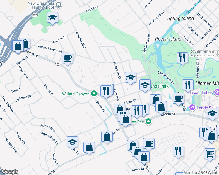 map of restaurants, bars, coffee shops, grocery stores, and more near 725 Bell Street in New Braunfels