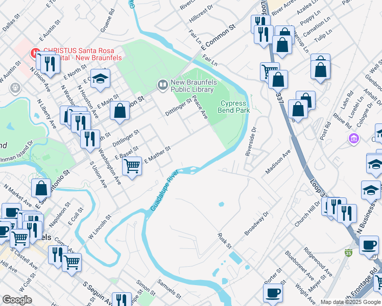 map of restaurants, bars, coffee shops, grocery stores, and more near 730 East Mather Street in New Braunfels