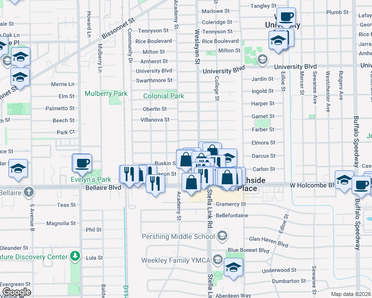 map of restaurants, bars, coffee shops, grocery stores, and more near 4019 Southwestern Street in Houston