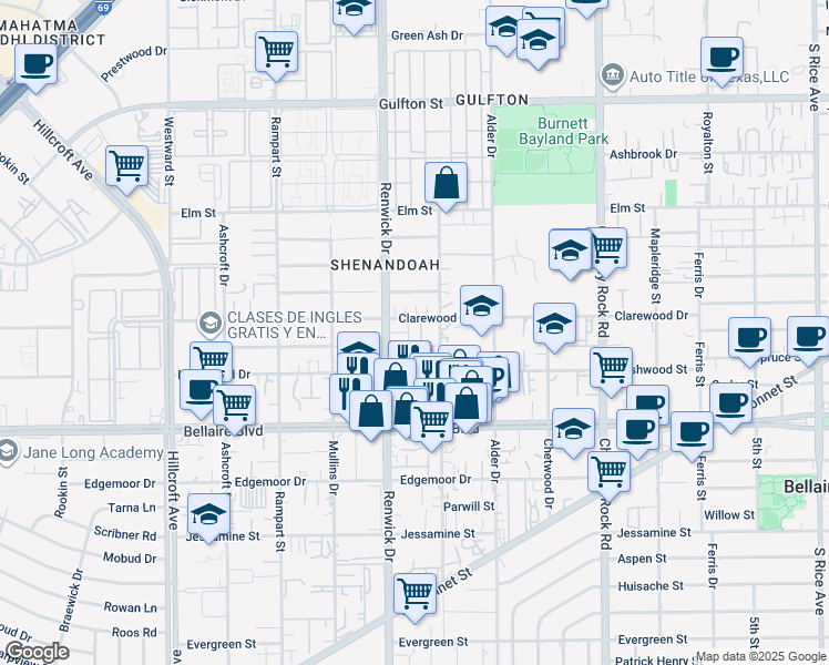 map of restaurants, bars, coffee shops, grocery stores, and more near 5821 Clarewood Drive in Houston