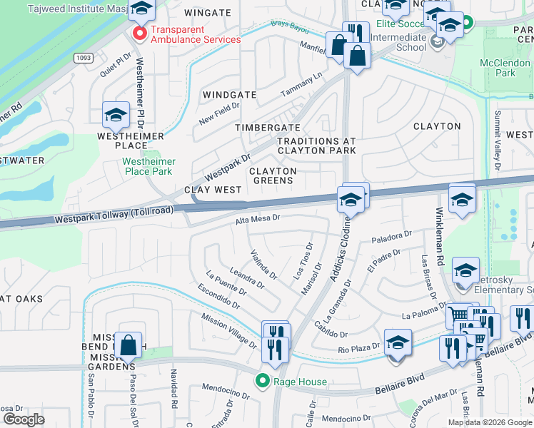 map of restaurants, bars, coffee shops, grocery stores, and more near 15830 Alta Mesa Drive in Houston