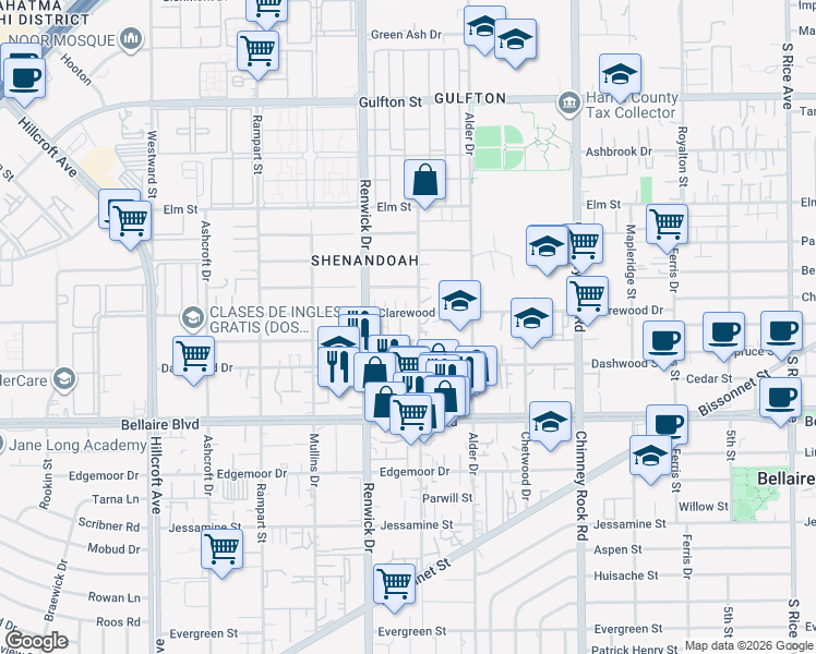 map of restaurants, bars, coffee shops, grocery stores, and more near 6601-B Atwell Drive in Houston