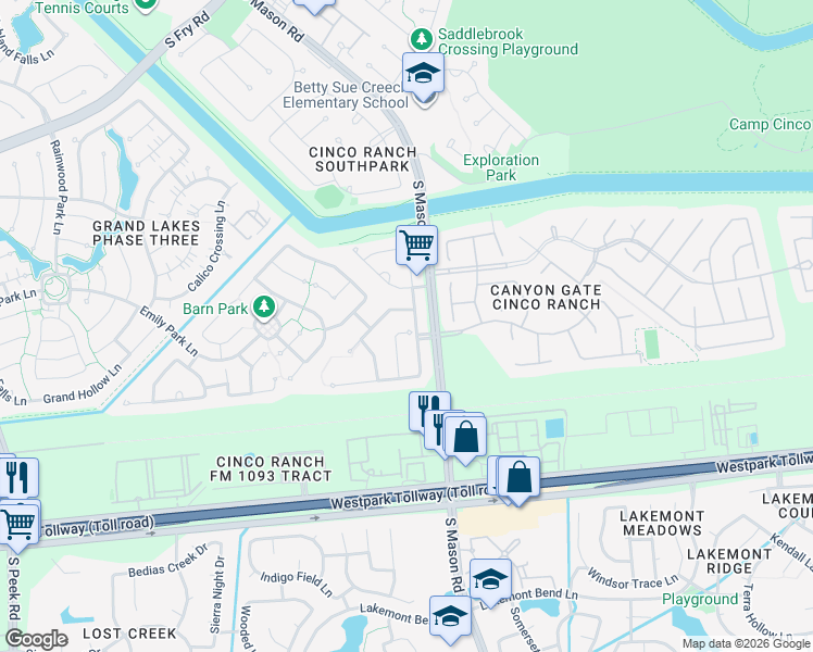 map of restaurants, bars, coffee shops, grocery stores, and more near 20715 Whitevine Way in Katy
