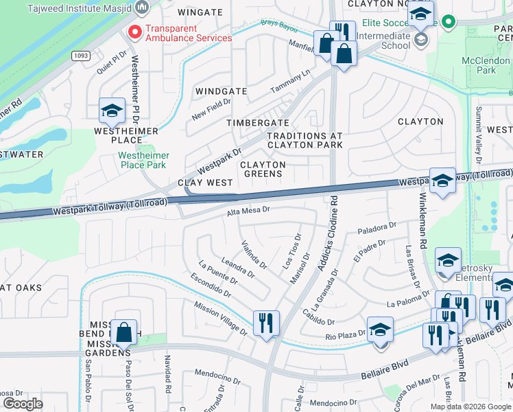 map of restaurants, bars, coffee shops, grocery stores, and more near 15830 Alta Mesa Drive in Houston