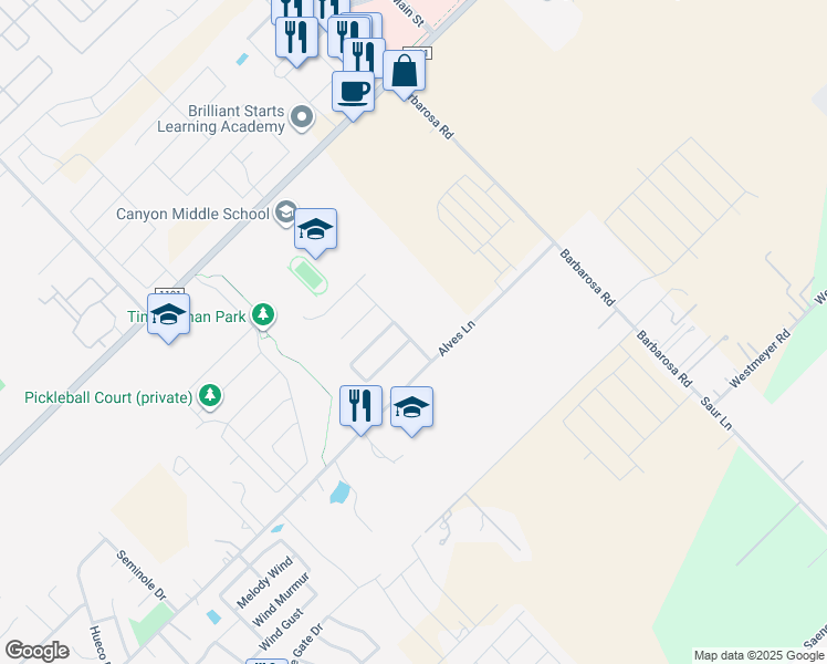 map of restaurants, bars, coffee shops, grocery stores, and more near 1155 Creekside Orchard in New Braunfels