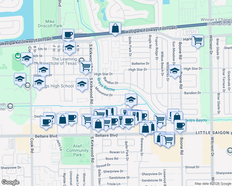 map of restaurants, bars, coffee shops, grocery stores, and more near 11630 Moonmist Drive in Houston
