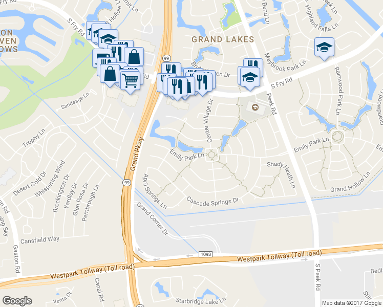map of restaurants, bars, coffee shops, grocery stores, and more near 22622 Emily Park Lane in Katy