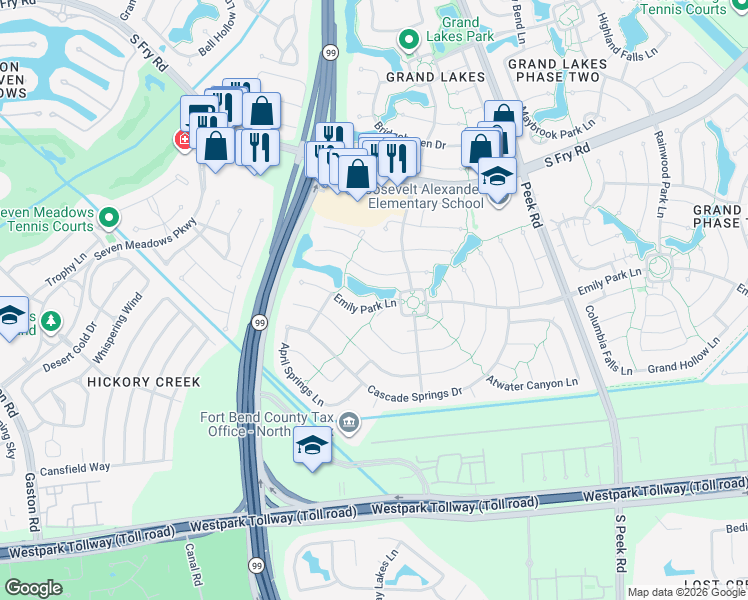 map of restaurants, bars, coffee shops, grocery stores, and more near 22622 Emily Park Lane in Katy