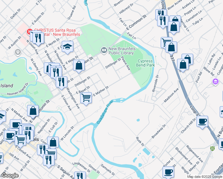 map of restaurants, bars, coffee shops, grocery stores, and more near 730 East Mather Street in New Braunfels