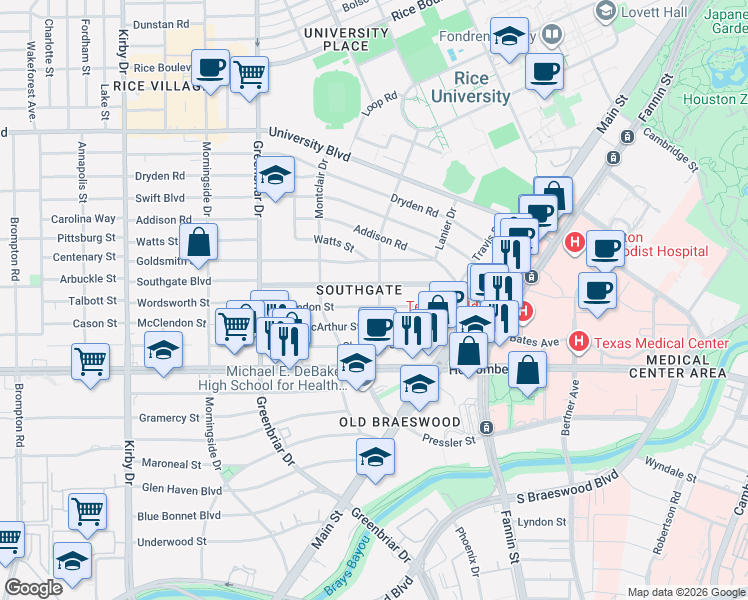 map of restaurants, bars, coffee shops, grocery stores, and more near 2103 Southgate Boulevard in Houston