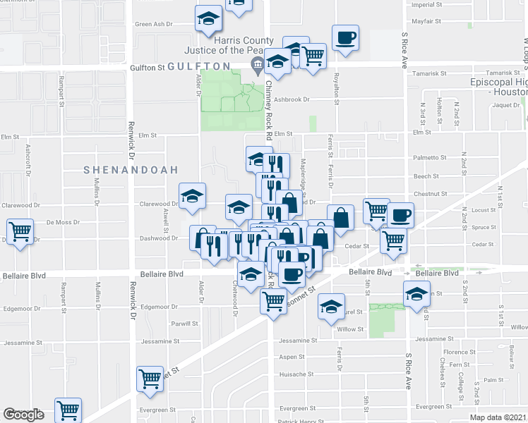 map of restaurants, bars, coffee shops, grocery stores, and more near 6620 Chimney Rock Road in Houston