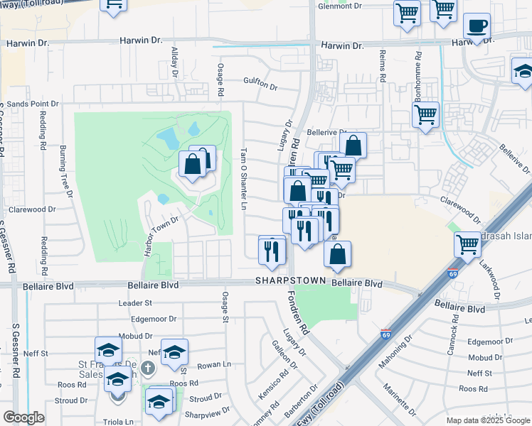 map of restaurants, bars, coffee shops, grocery stores, and more near 7802 De Moss Drive in Houston