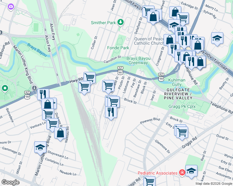 map of restaurants, bars, coffee shops, grocery stores, and more near 2936 Pitzlin Street in Houston