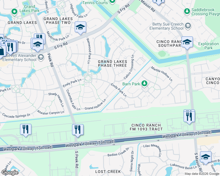 map of restaurants, bars, coffee shops, grocery stores, and more near 6107 Barkermist Lane in Katy