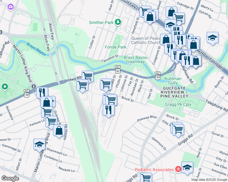 map of restaurants, bars, coffee shops, grocery stores, and more near 2936 Pitzlin Street in Houston