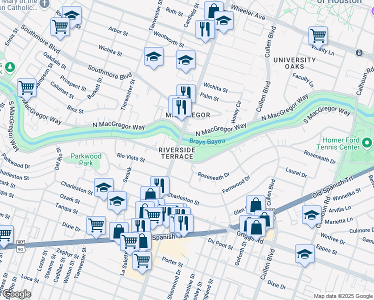 map of restaurants, bars, coffee shops, grocery stores, and more near 5415 Scott Street in Houston