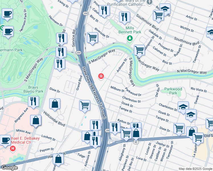map of restaurants, bars, coffee shops, grocery stores, and more near 5906 Ardmore Street in Houston