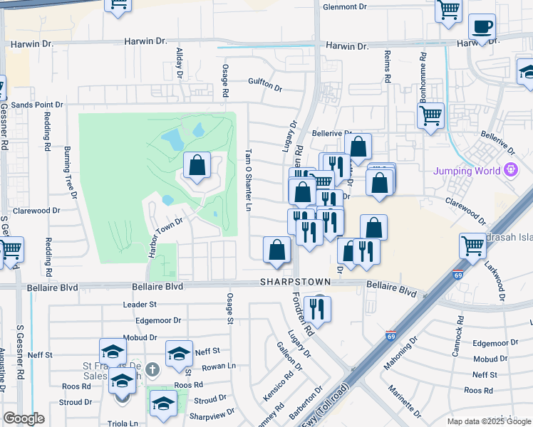map of restaurants, bars, coffee shops, grocery stores, and more near 7802 De Moss Drive in Houston