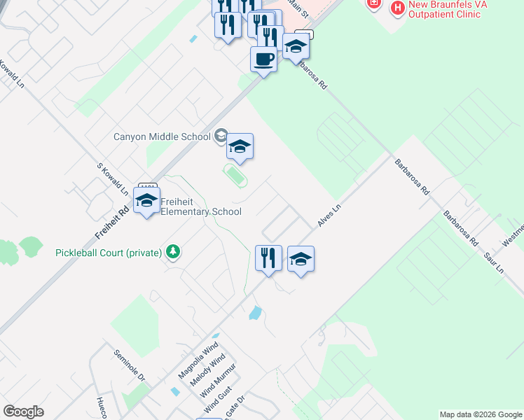 map of restaurants, bars, coffee shops, grocery stores, and more near 402 Creekside Curve in New Braunfels
