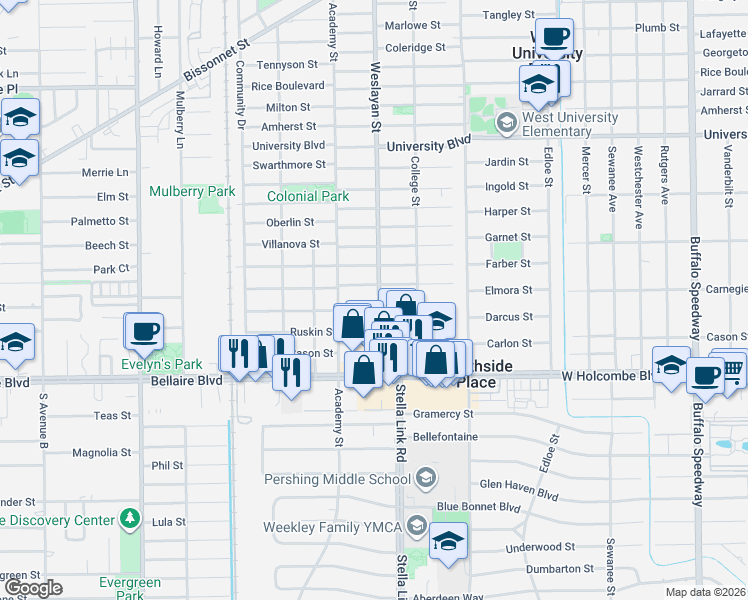 map of restaurants, bars, coffee shops, grocery stores, and more near 4019 Southwestern Street in Houston