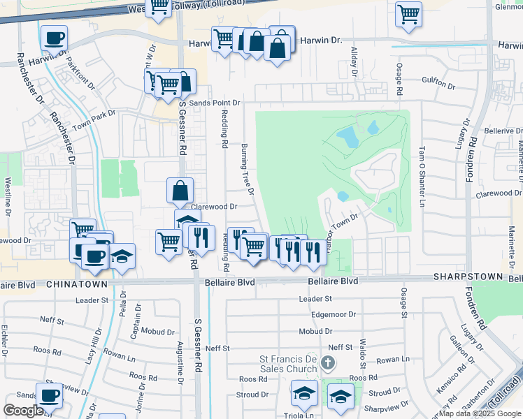 map of restaurants, bars, coffee shops, grocery stores, and more near 6607 Burning Tree Drive in Houston