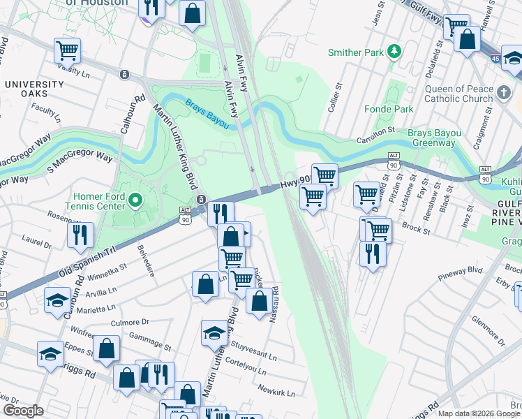 map of restaurants, bars, coffee shops, grocery stores, and more near 5131 Winnetka Street in Houston