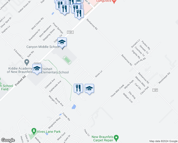 map of restaurants, bars, coffee shops, grocery stores, and more near 1147 Creekside Orchard in New Braunfels