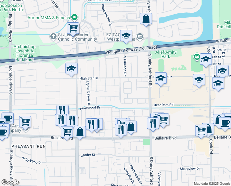 map of restaurants, bars, coffee shops, grocery stores, and more near 6439 South Briar Bayou Drive in Houston