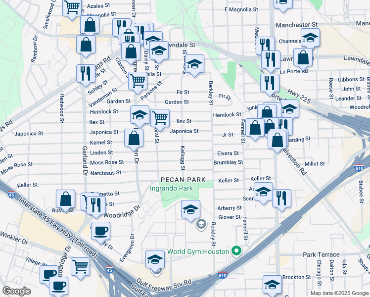 map of restaurants, bars, coffee shops, grocery stores, and more near 7503 Linden Street in Houston