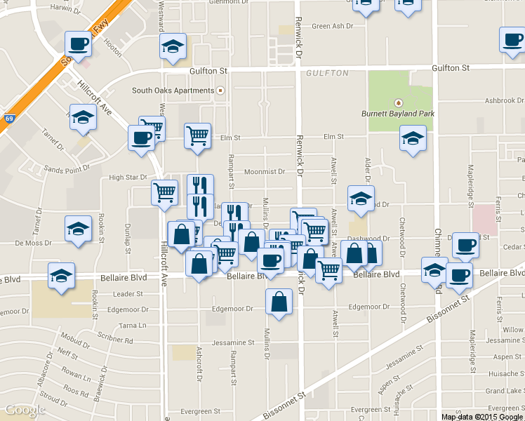 map of restaurants, bars, coffee shops, grocery stores, and more near 6003 Clarewood Drive in Houston
