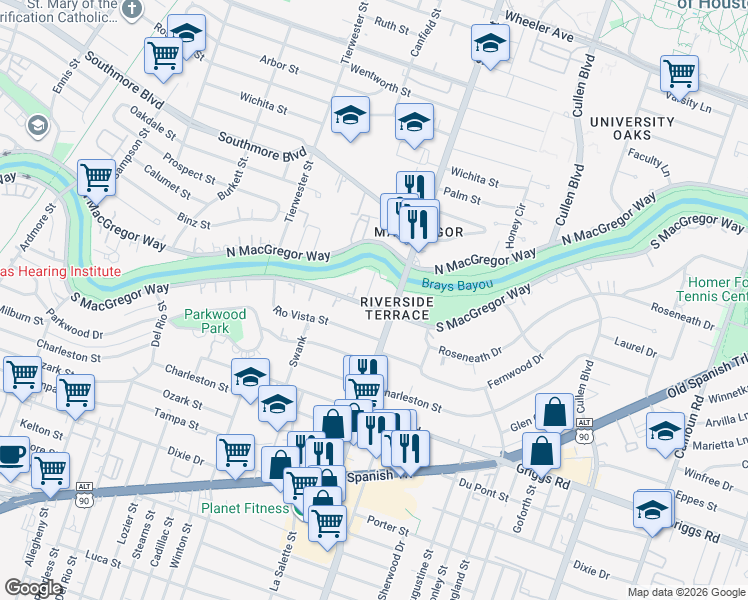 map of restaurants, bars, coffee shops, grocery stores, and more near 3727 South Macgregor Way in Houston