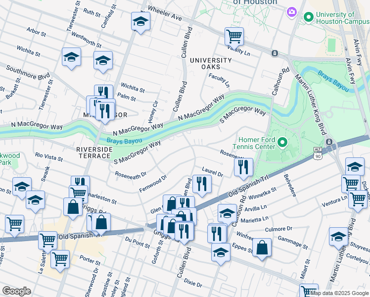 map of restaurants, bars, coffee shops, grocery stores, and more near 4216 Roseneath Drive in Houston