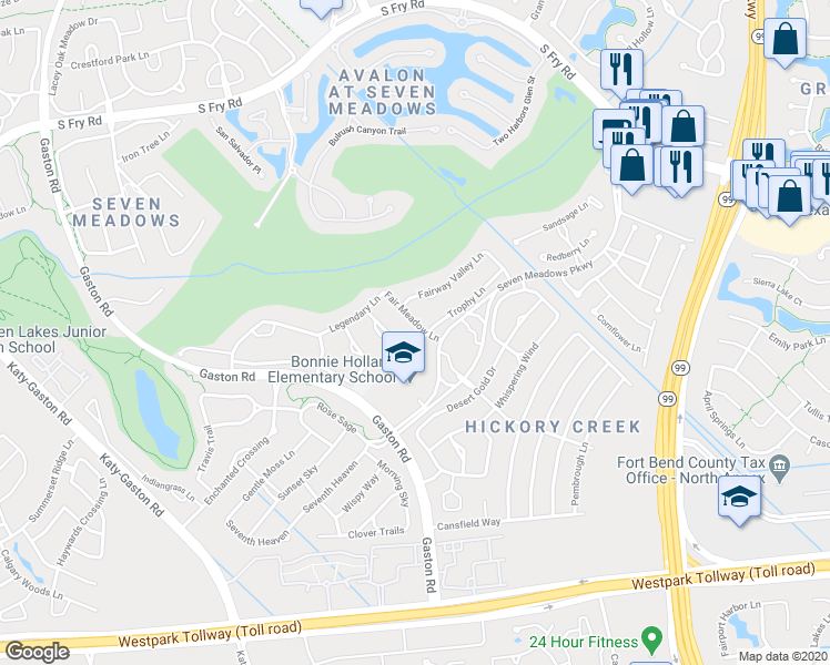 map of restaurants, bars, coffee shops, grocery stores, and more near 7303 Fair Meadow Lane in Katy