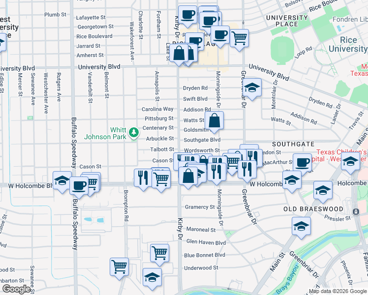 map of restaurants, bars, coffee shops, grocery stores, and more near 2526 Wordsworth Street in Houston