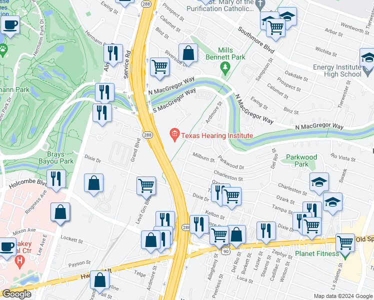 map of restaurants, bars, coffee shops, grocery stores, and more near 5906 Ardmore Street in Houston