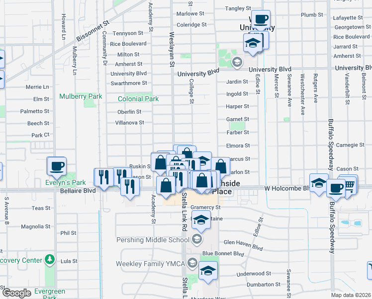 map of restaurants, bars, coffee shops, grocery stores, and more near 3922 Riley Street in Houston