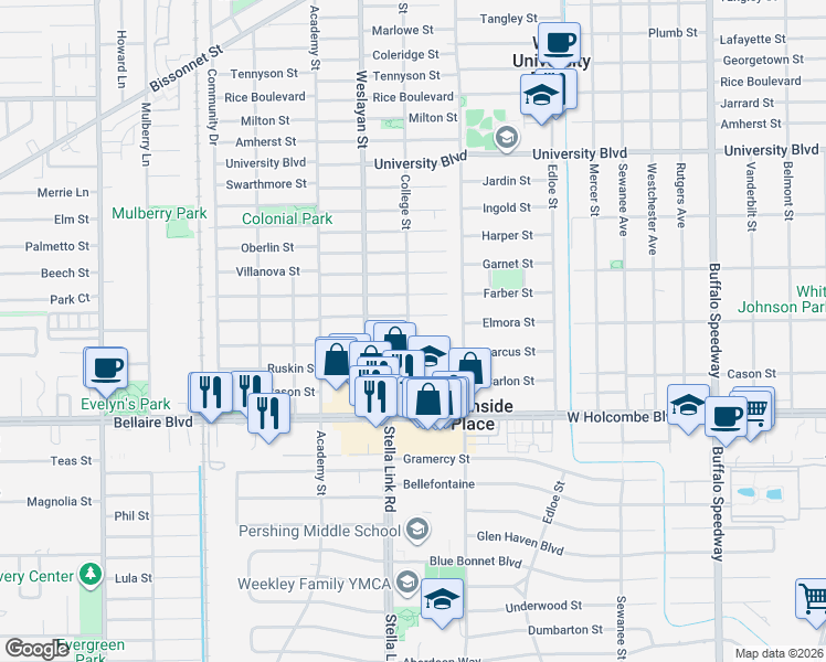 map of restaurants, bars, coffee shops, grocery stores, and more near 3828 Riley Street in Houston