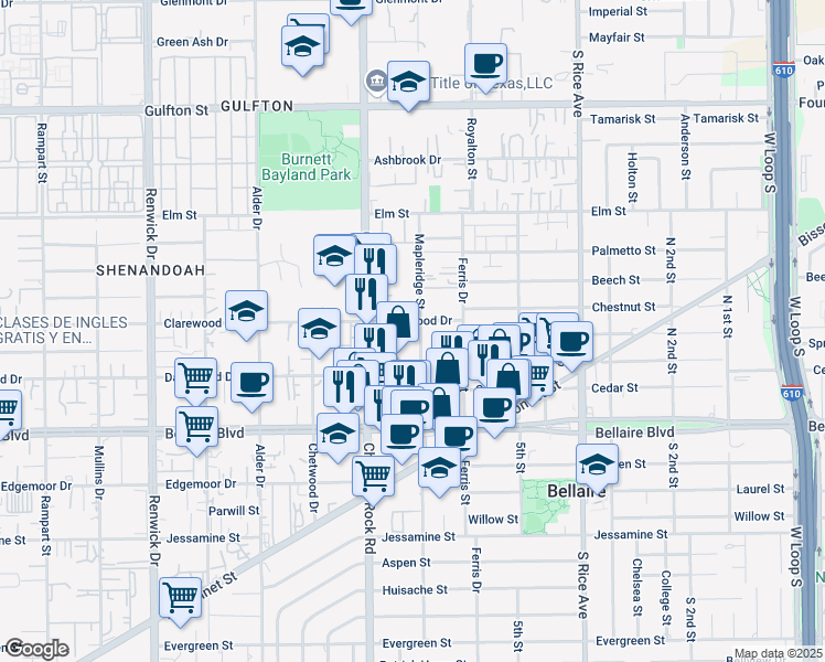 map of restaurants, bars, coffee shops, grocery stores, and more near 6602 Mapleridge Street in Houston