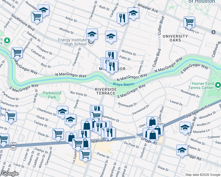 map of restaurants, bars, coffee shops, grocery stores, and more near 5415 Scott Street in Houston